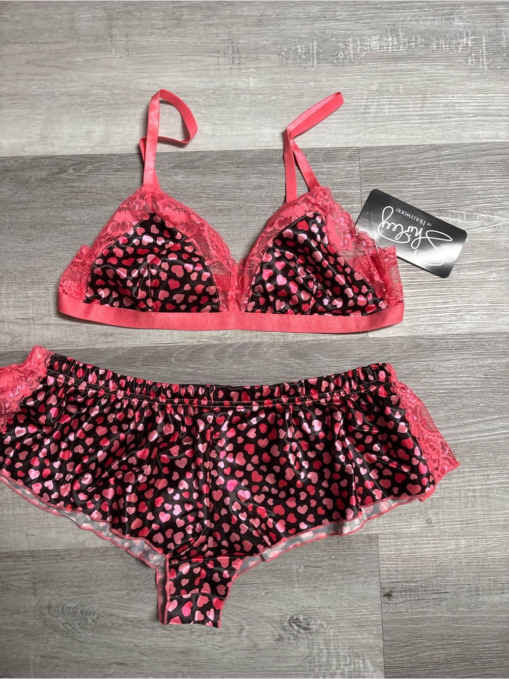 NWT Shirley of Hollywood Heart Print Charmeuse & Lace Cami-Tap Set - Size L